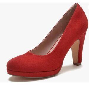 Miss left Red Low Platform High Chunky Heels Slip On Round Toe Pump Elegant Shoe
